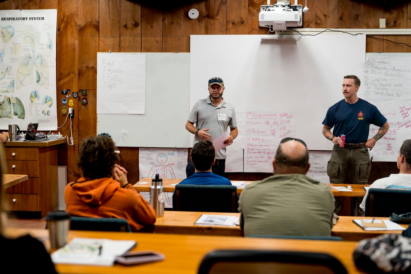 Two instructors teach medical students in a classroom with anatomy charts.
